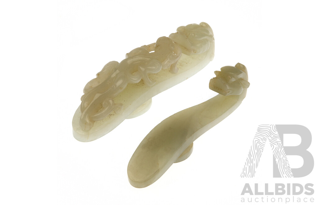 Two Chinese Scholars Jade Carved Brush Rests with Anthropomorphic Forms