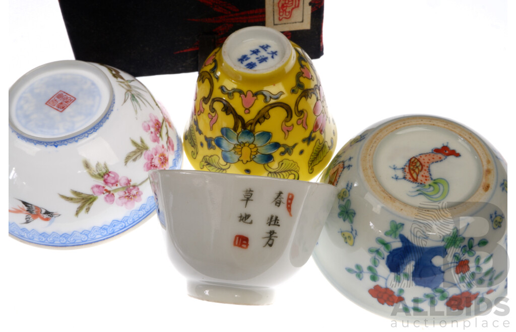 Collection Four Chinese Porcelain Cups Including Doucai Chicken Cup Example, Example in Presentation Box and More