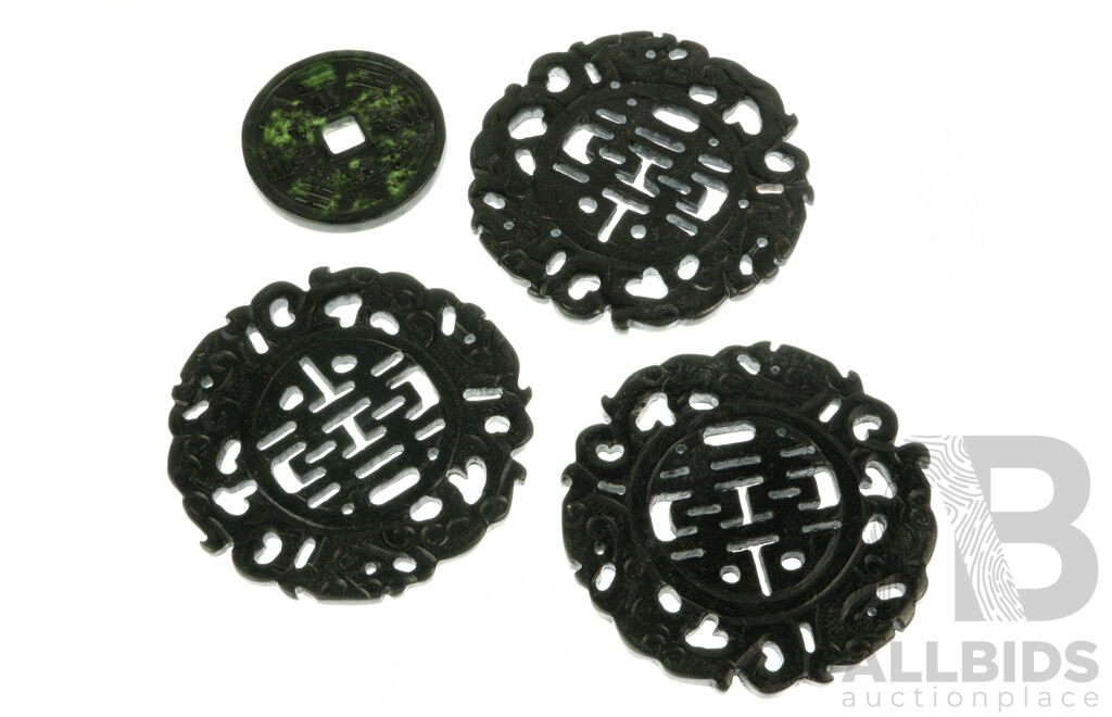 Collection Four Chinese Carved Black Hard Stone Pendants with Good Fortune Symbols