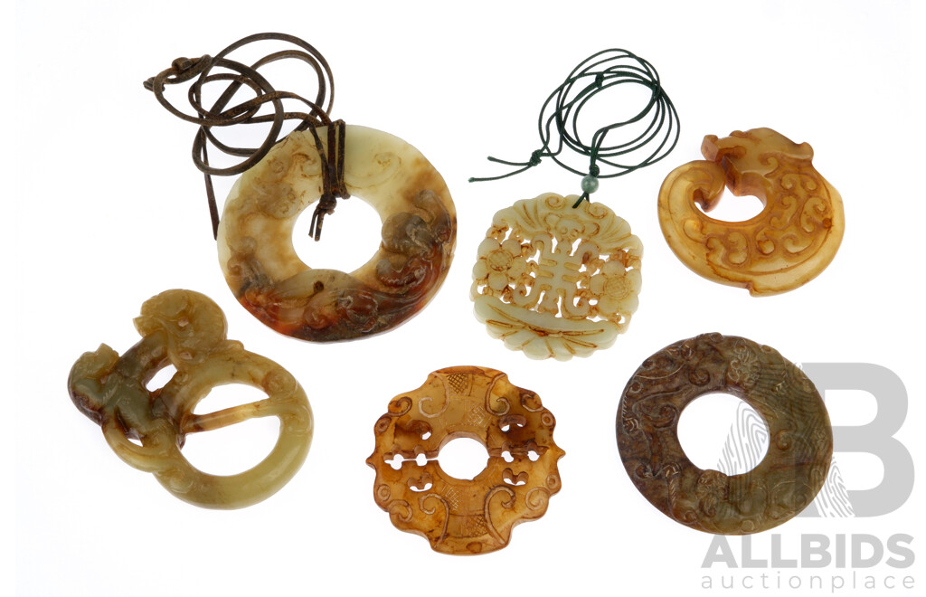 Collection Six Chinese Carved Stone Pendents with Various Symbols