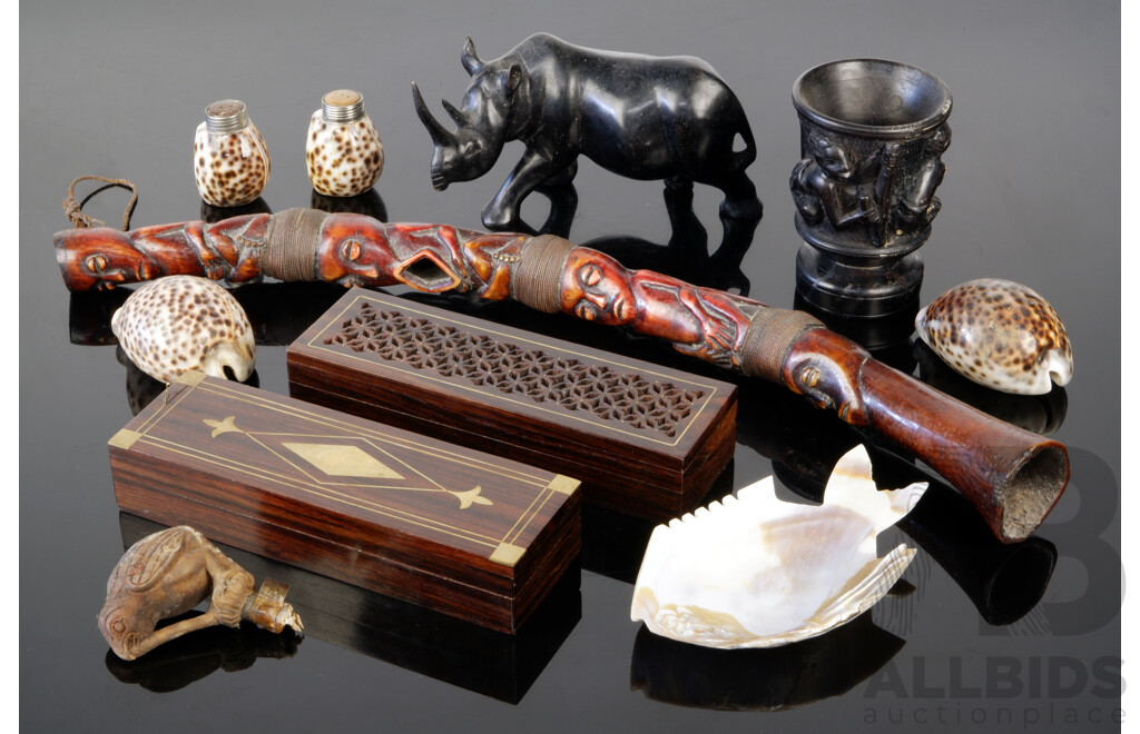 Collection Tribal Objects Including African Carved Horn Piece, Ebony Rhinoceros Figure, Ebony Goblet with Carved Detail to Sides, Carved Wooden Bird Form Knife Handle and More