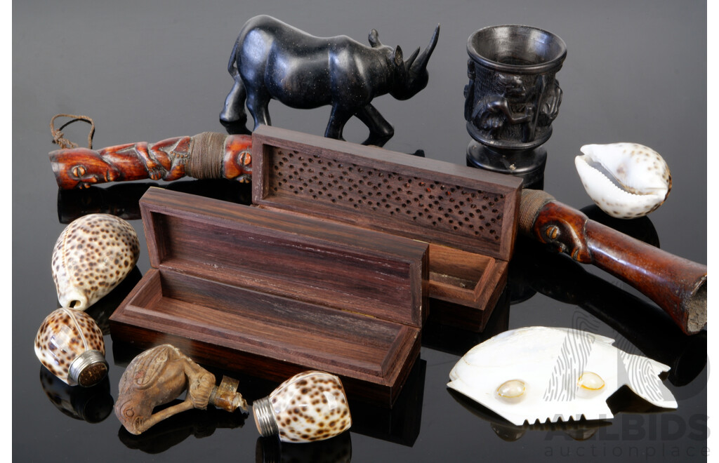 Collection Tribal Objects Including African Carved Horn Piece, Ebony Rhinoceros Figure, Ebony Goblet with Carved Detail to Sides, Carved Wooden Bird Form Knife Handle and More