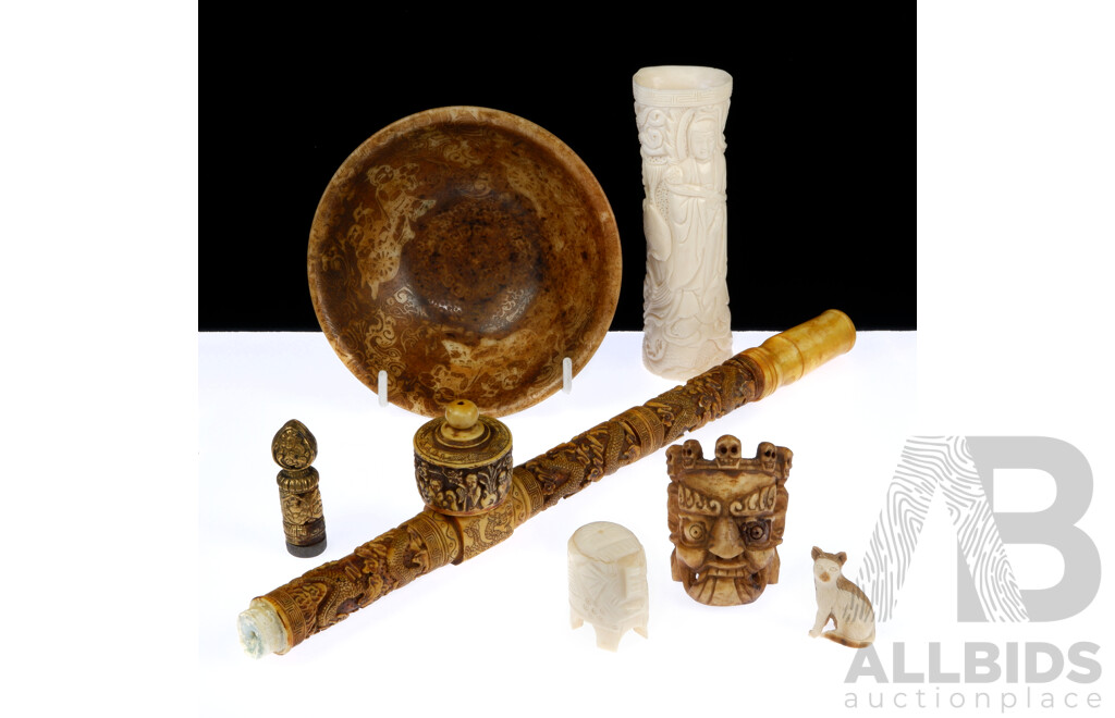 Collection Asian Items Including Tibetan Bone Mahakala Small Mask Decoration, Chinese Carved Bone Pipe, Carved Bone Scene, Antique Brass Seal and More