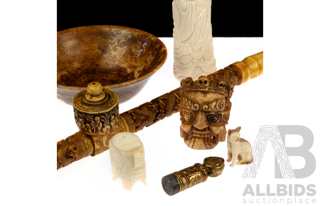 Collection Asian Items Including Tibetan Bone Mahakala Small Mask Decoration, Chinese Carved Bone Pipe, Carved Bone Scene, Antique Brass Seal and More