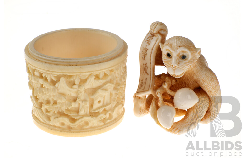 Carved Japanese Ivory Netsuke of Monkey with Scroll, Along with Intricately Carved Chinese Ivory Container