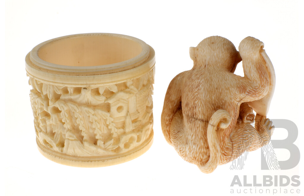 Carved Japanese Ivory Netsuke of Monkey with Scroll, Along with Intricately Carved Chinese Ivory Container