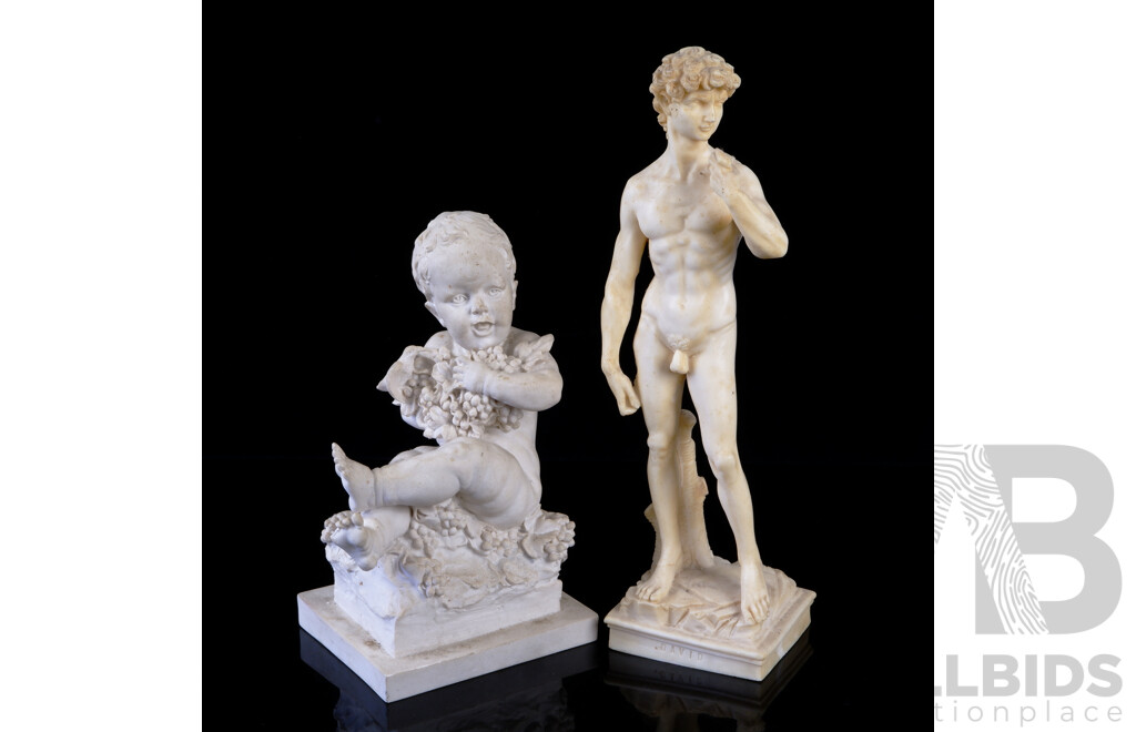 Heavy Plaster Infant with Grapes Statue Along with Composite Italian David Statue