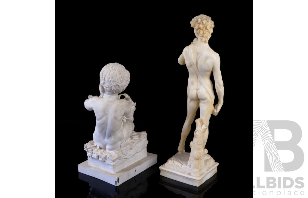 Heavy Plaster Infant with Grapes Statue Along with Composite Italian David Statue