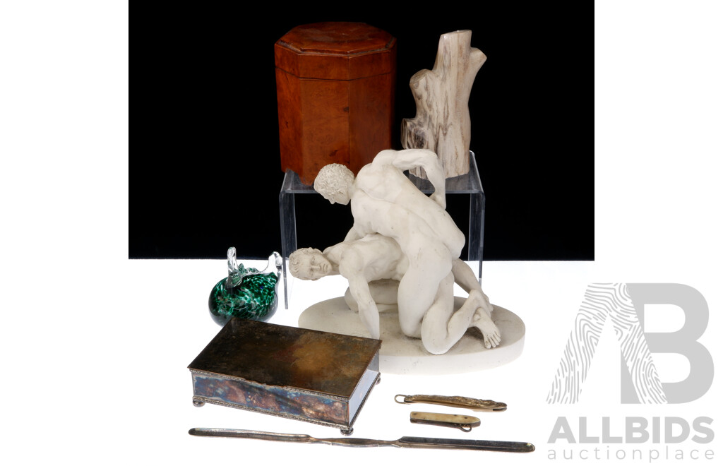 Gentlemans Lot Including Plaster Wrestlers Statue, Octagonal Lidded Maple Tea Caddy, PIece Fossilised Wood, Lidded Box with Sterling Silver Mounts and More