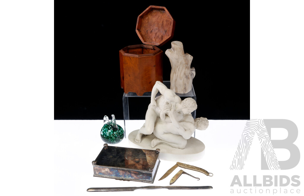 Gentlemans Lot Including Plaster Wrestlers Statue, Octagonal Lidded Maple Tea Caddy, PIece Fossilised Wood, Lidded Box with Sterling Silver Mounts and More