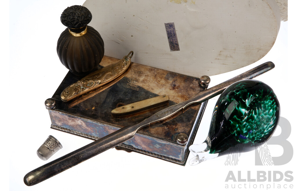 Gentlemans Lot Including Plaster Wrestlers Statue, Octagonal Lidded Maple Tea Caddy, PIece Fossilised Wood, Lidded Box with Sterling Silver Mounts and More