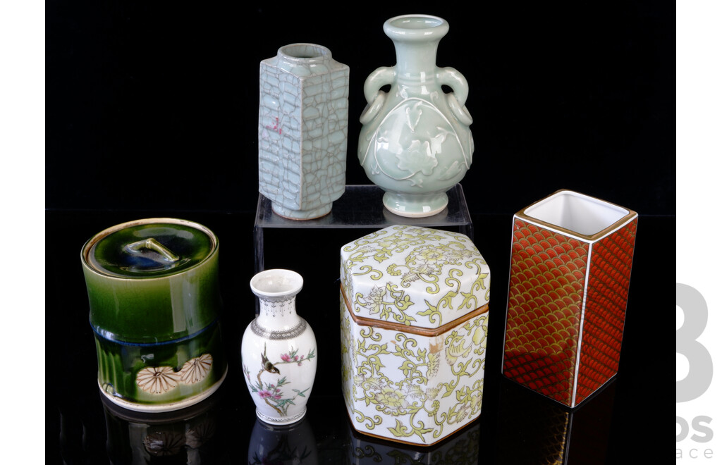 Collection Asian Porcelain and Ceramic Pieces Including Celadon Ware Twin Handled Vase, Hexagonal Lidded Caddy, Chinese Cong Vessel and More