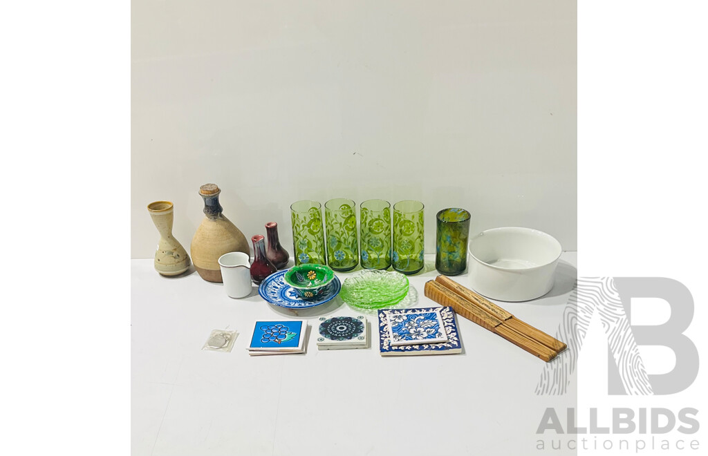 Collection Decorative Pieces Including Set Four Retro Glass Tumblers, Studio Art Glass Tumbler, Studio Pottery and  More