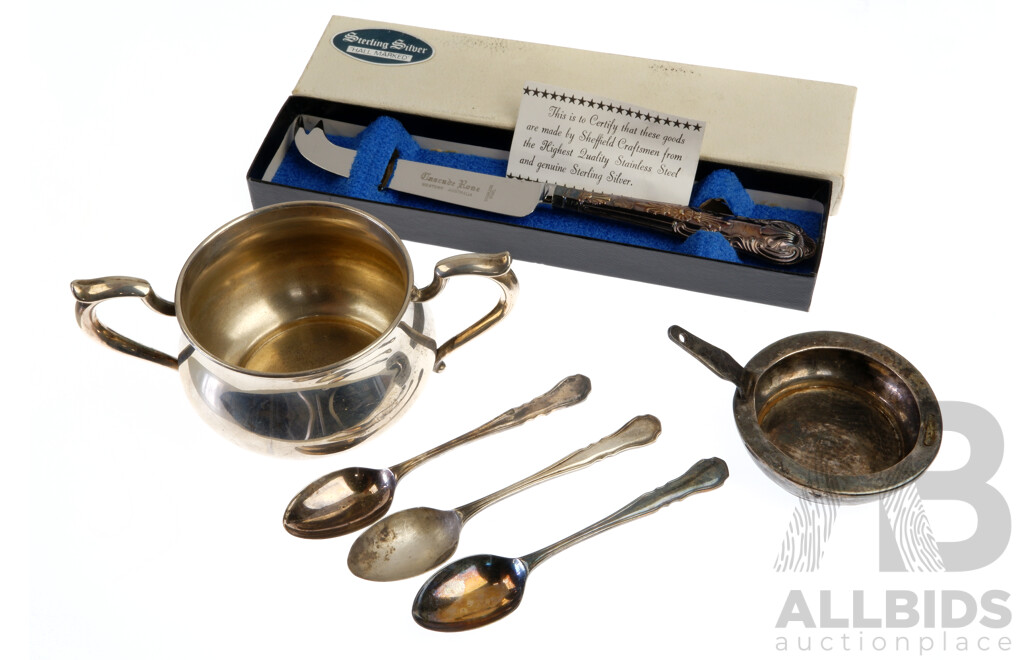 Collection Sterling Silver Items Including Twin Handled Vessel, Three Teaspoons Birmingham 1964 and More