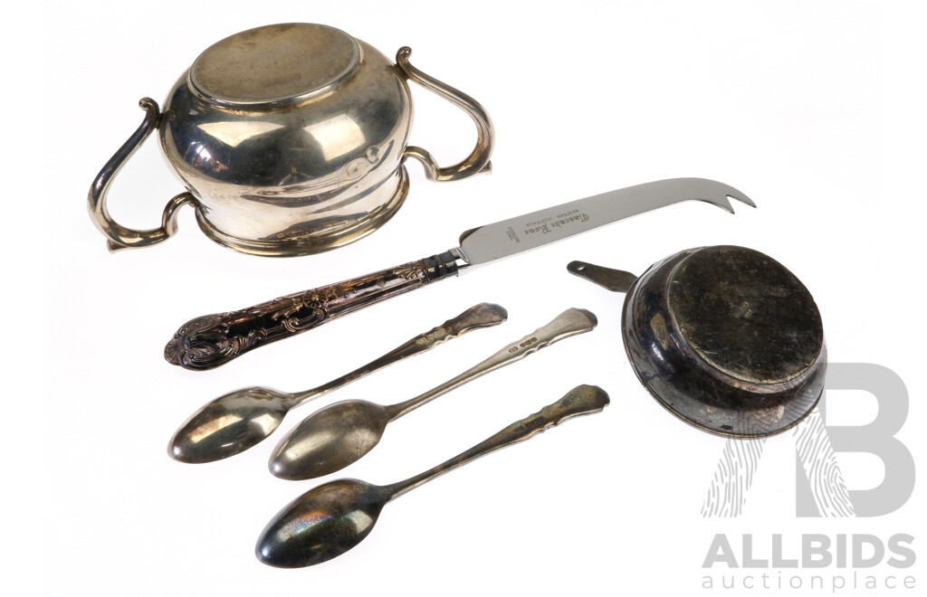 Collection Sterling Silver Items Including Twin Handled Vessel, Three Teaspoons Birmingham 1964 and More