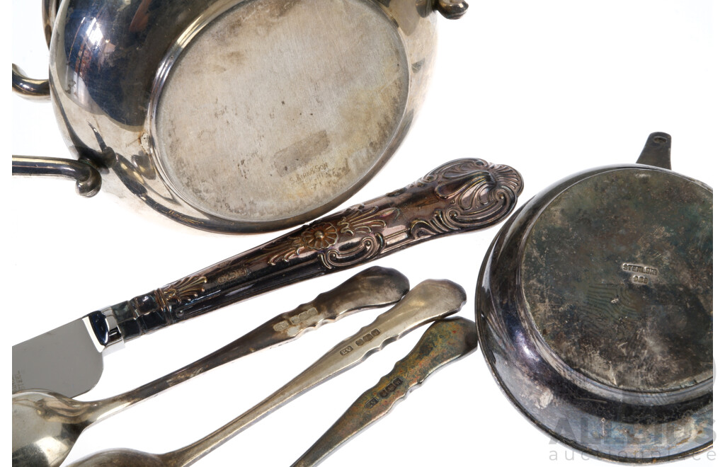 Collection Sterling Silver Items Including Twin Handled Vessel, Three Teaspoons Birmingham 1964 and More