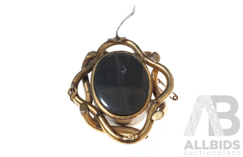 Antique 9ct Victorian Mourning Locket Brooch with Hair, 60mm X 54mm, Hallmarked Hodder, 38.16 Grams