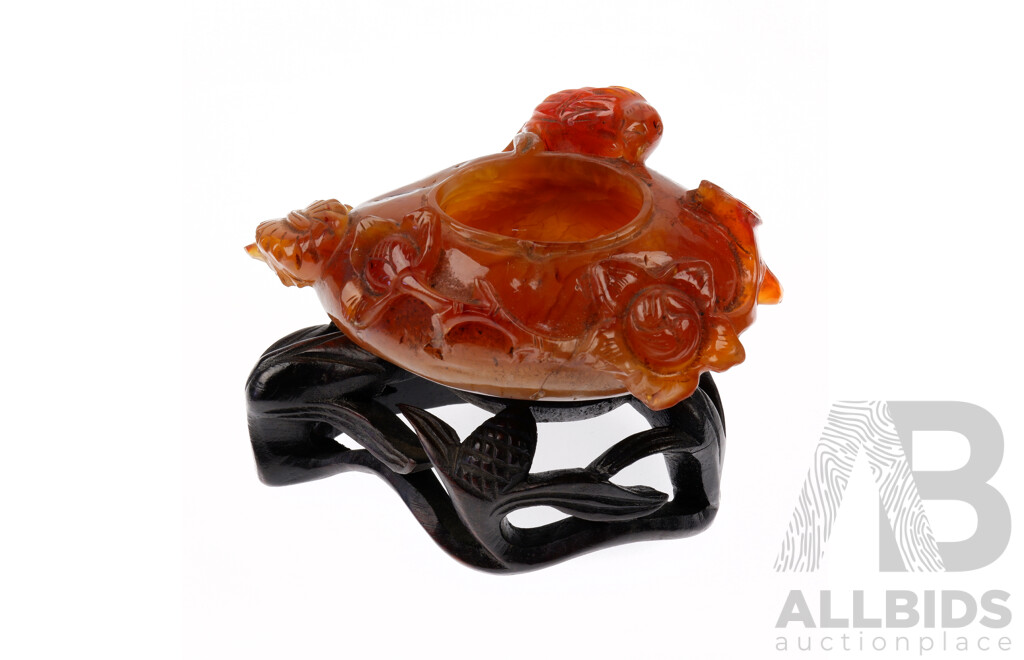 Chinese Hand Carved Hardstone Dish with Avian Pheasant Theme on Bespoke Carved Wooden Stand
