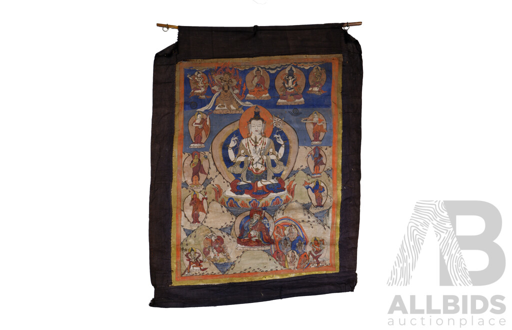 Antique Tibetan Buddhist Thangka, Bodhisattva and Other Deities, Canvas and Coloured Pigment, 64 x 49 cm (image)