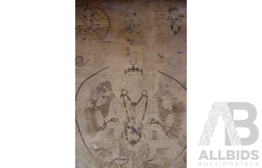 Antique Tibetan Buddhist Thangka, Bodhisattva and Other Deities, Canvas and Coloured Pigment, 64 x 49 cm (image)