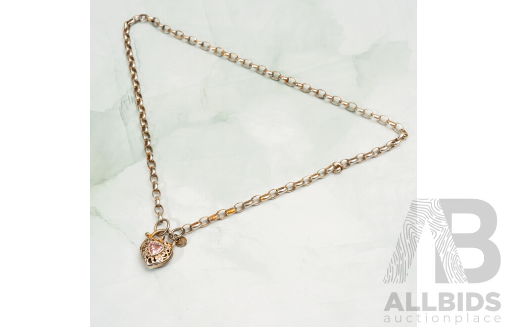 Sterling Silver Oval Belcher Link Necklace with Filigree Heart Shaped Padlock Clasp with Pink CZ, 45cm, 18.65 Grams