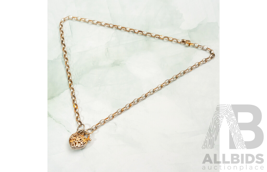 Sterling Silver Oval Belcher Link Necklace with Filigree Heart Shaped Padlock Clasp with Pink CZ, 45cm, 18.65 Grams