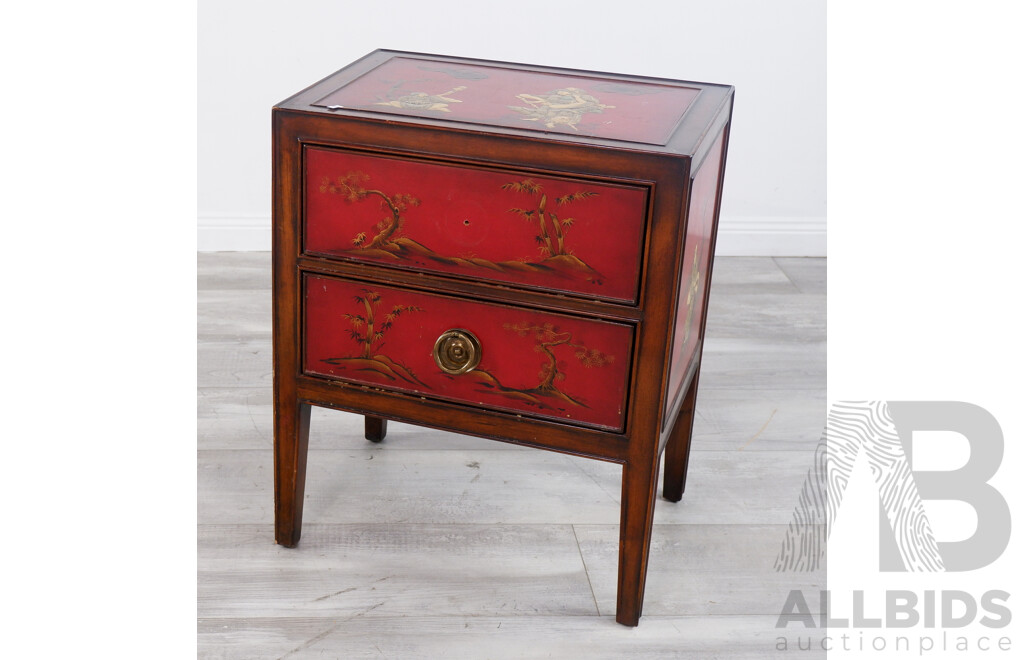 Painted Chinese Two Drawer Bedside Cabinet