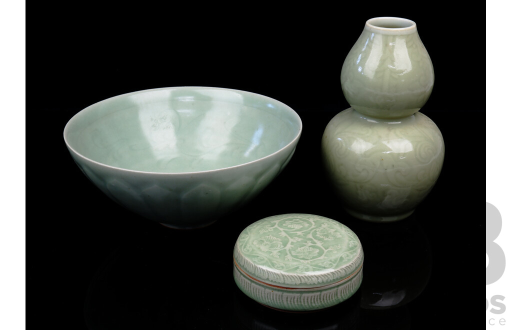 Three Porcelain Celadon Pieces Including Double Gourd Form Vase, Sung Period Reproduction Bowl and More