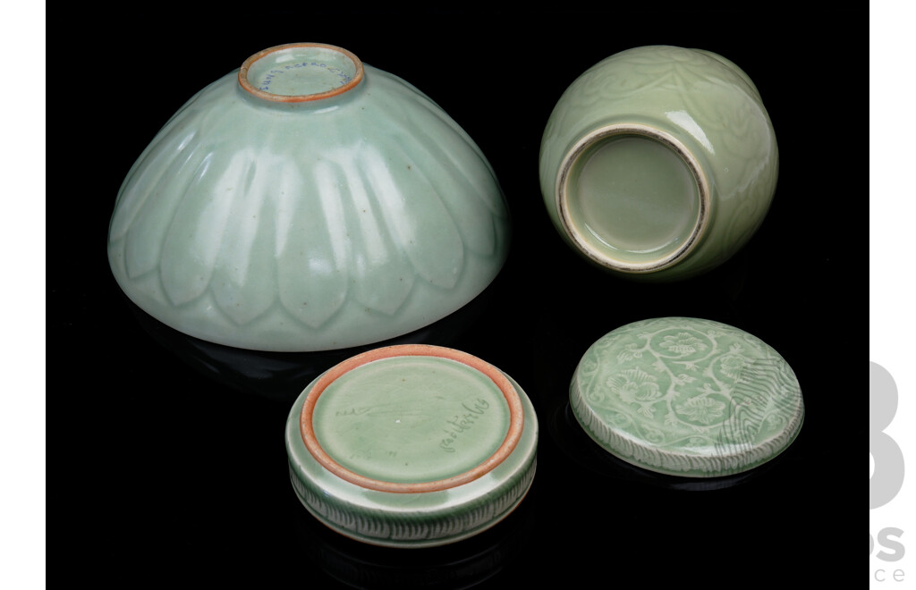 Three Porcelain Celadon Pieces Including Double Gourd Form Vase, Sung Period Reproduction Bowl and More