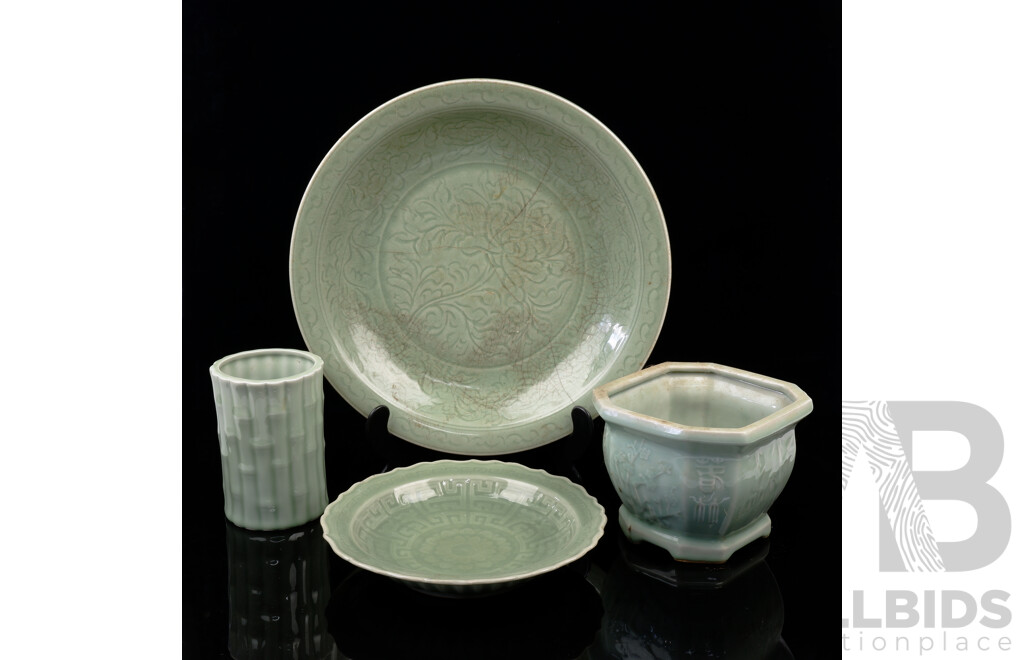 Four Porcelain Celadon Pieces Including Ocagonal Form Planter, Large Chargers and More