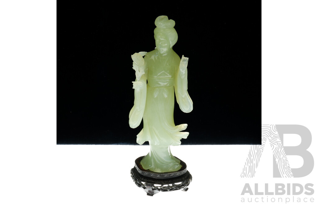 Hand Carved Chinese Hardstone Quan Yi Figure on Bespoke Carved Rosewood Stand