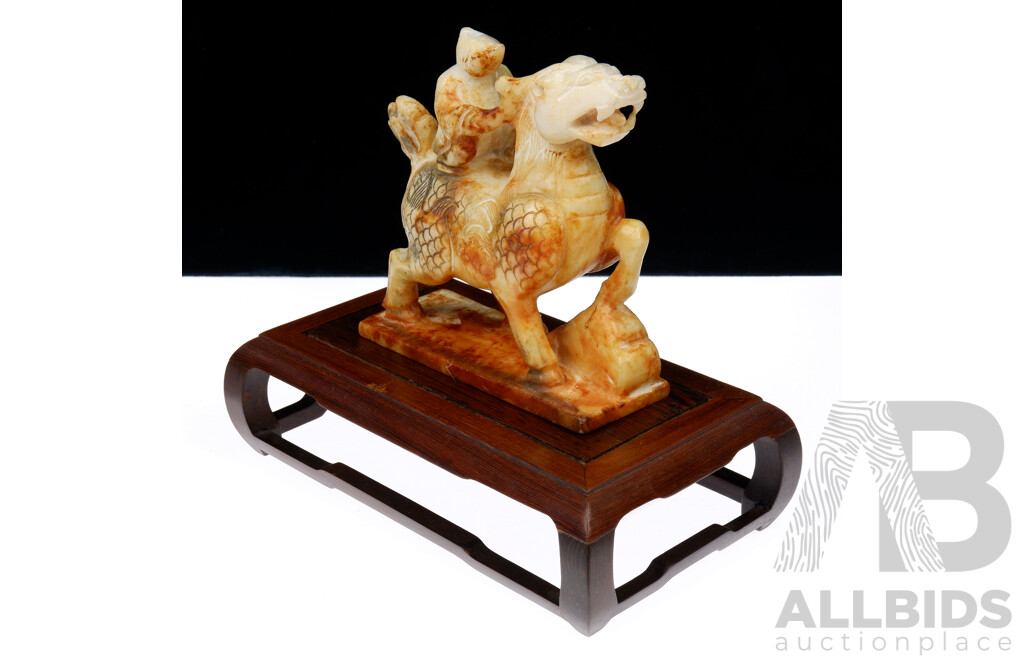 Hand Carved Chinese Softstone Mythical Creature Figure on Chinese Wooden Stand