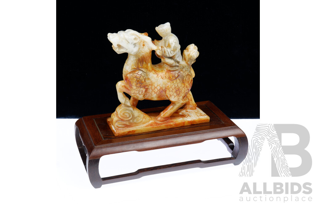 Hand Carved Chinese Softstone Mythical Creature Figure on Chinese Wooden Stand