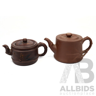 Two Chinese Yi  Xing Teapots, One with Bamboo Form Handle