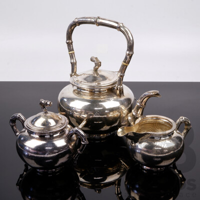 Vintage Chinese Export Ware Sterling Silver Three Piece Tea Service with Bamboo Motif Handles