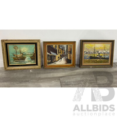Three Framed European Oil Paintings, Seascapes & Street Scene (3)