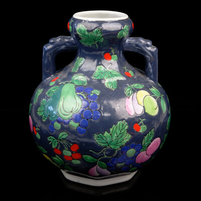 Handmade and Painted Chinese Porcelain Twin Handled Vase with Fruit Theme