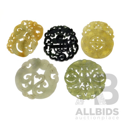 Collection Five Carved Chinese Soft Stone Pendents