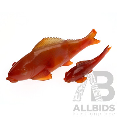 Fine Carved Chinese Agate Fish with Smaller Example