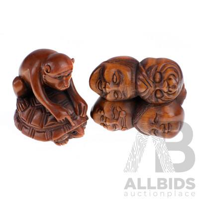 Two Vintage Hand Carved Japanese Wooden Netsuke