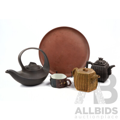 Collection Vintage Chinese Yi Xing Items Including Teapots, Platter and More