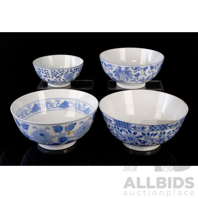 Collection Four Large Chinese Hand Decorated Blue & White Bowls