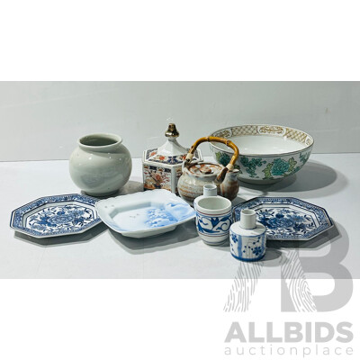 Collection Japanese Porcelain Decorated Pieces Including Imari Style Examples, Teapot with Bamboo Handle and More