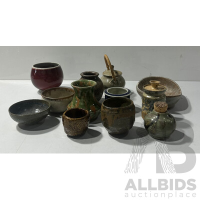 Collection Australian Studio Pottery Pieces Including Ray Pearce Blue and White Canister and More