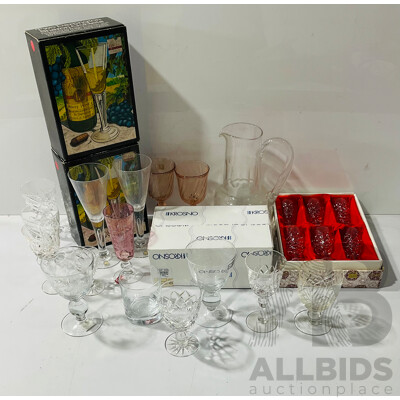 Collection Quality Crystal Including Large Water Pitcher with Engraved Detail, Two Boxed Pairs Dartington Sharron Glasses in Original Boxes by Frank Thrower , Boxed Krosno Examples and More