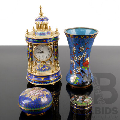 Collection Asian Cloisonne Pieces Including Rotunda Form Clock