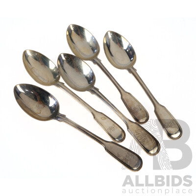 Set Five Sterling Silver Teaspoons with Monogramed Handles, London 1862