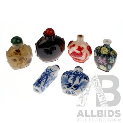 Collection Six Chinese Vintage Snuff Bottles Including Glass, Porcelain and Agate Examples