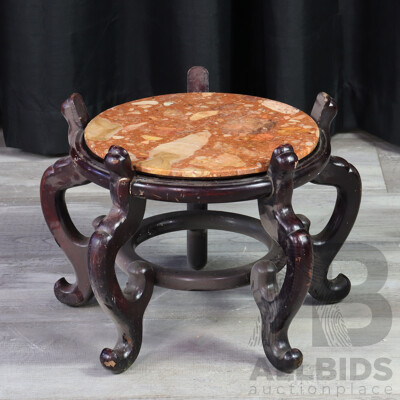 Large Carved Chinese Wooden Vase or Plant Stand with Polished Stone Top