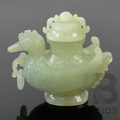 Vintage Chinese Carved Serpentine Lidded Jar with Legendary Bird Form